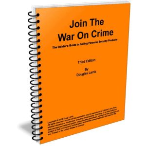 Spiral-bound book titled Join the War On Crime by Douglas Lamb, about selling personal security products. Orange cover.