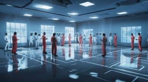People in red and white outfits in a large room with a grid floor pattern, reflecting a modern tech environment.