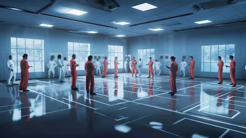 People in red and white outfits in a large room with a grid floor pattern, reflecting a modern tech environment.