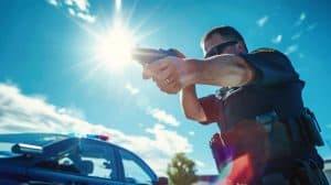 Police officer aiming a gun with patrol car in background under bright sunlight.