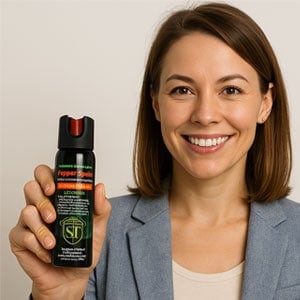 Smiling woman holding a can of pepper spray, wearing a blue blazer, promoting personal safety and self-defense.