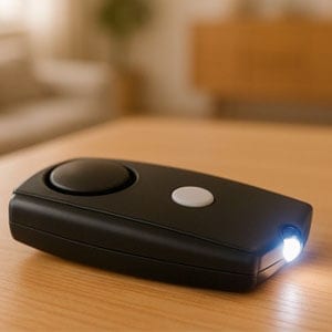 A black personal safety alarm with a bright LED light rests on a wooden table in a cozy room.