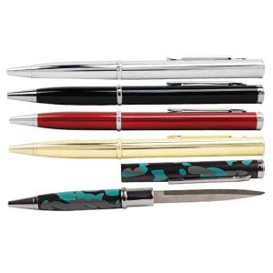Variety of sleek pens in silver, black, red, gold, and camouflage design, showcasing style and versatility.