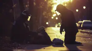 Police officers assisting a person on a city street at sunset, highlighting compassion and public service.