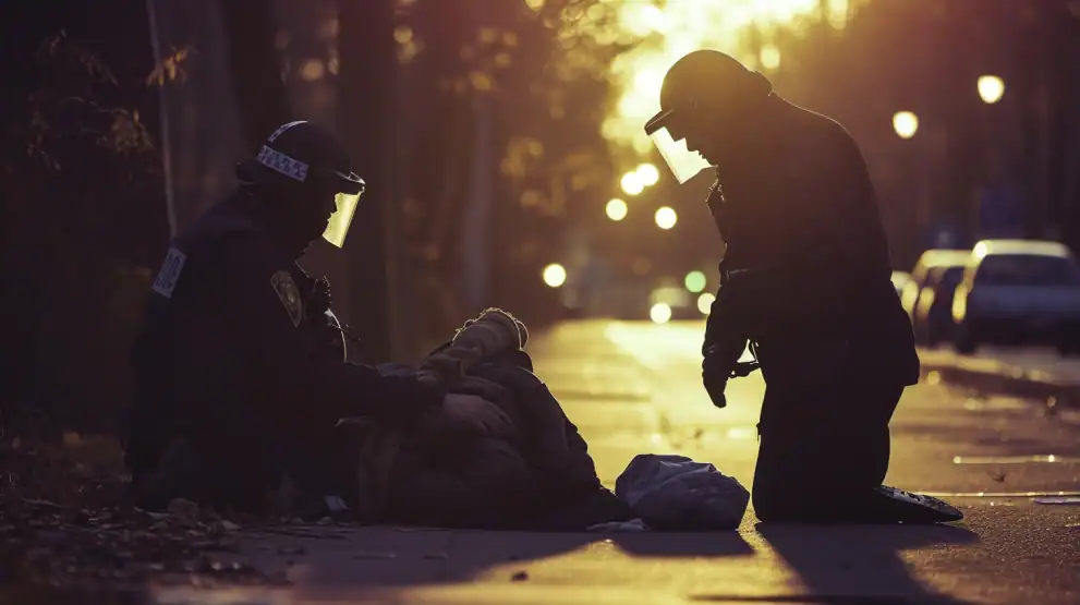 Police officers assisting a person on a city street at sunset, highlighting compassion and public service.