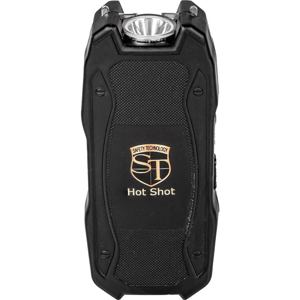 Black handheld stun gun with flashlight and Hot Shot branding on the surface, offering security solutions.