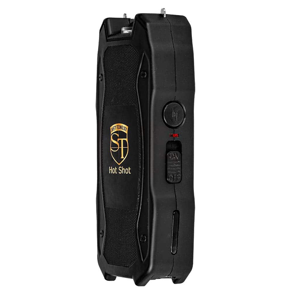 Black stun gun with Hot Shot logo, featuring on/off switch and safety button, ideal for personal security.