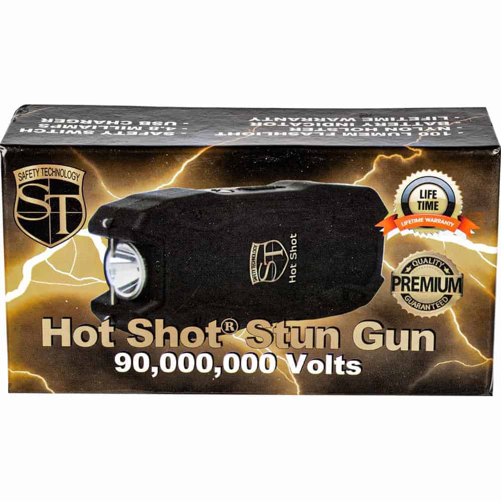 Hot Shot 90,000,000 Volt Stun Gun packaging, lifetime warranty, premium self-defense tool.