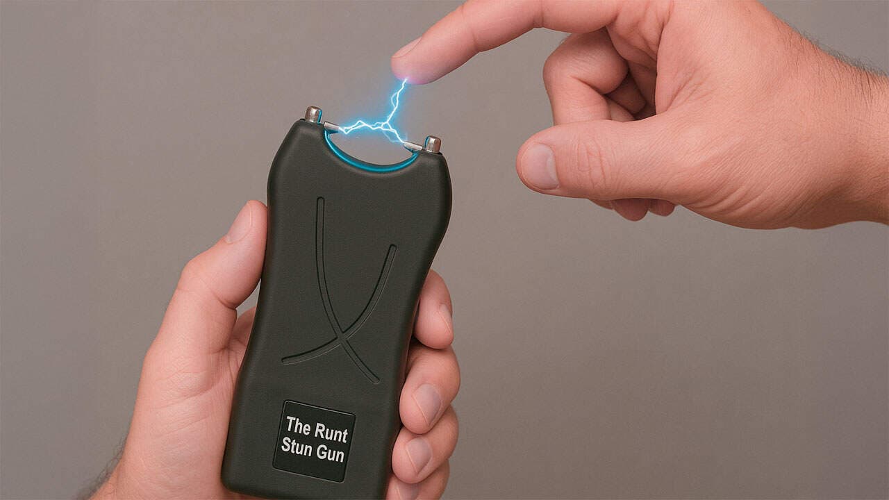Hand holding The Runt Stun Gun, generating electric spark to finger. Personal safety device demonstration.