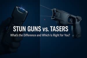Comparison of stun guns and tasers with text: Stun Guns vs. Tasers: What’s the Difference and Which Is Right for You?