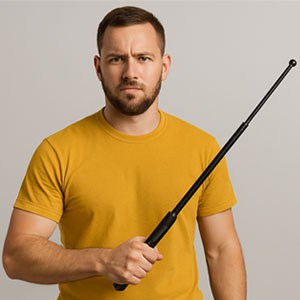 Man in a yellow shirt holding a telescopic baton, standing against a neutral background.