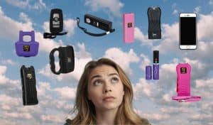 Woman thinking about various self-defense gadgets against a cloudy sky background.