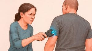 Woman using stun gun on man’s shoulder with a focused expression.