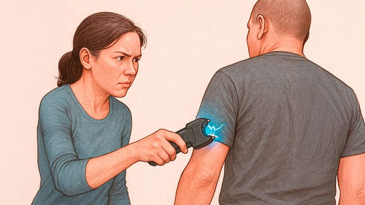 Woman using stun gun on man’s shoulder with a focused expression.