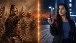 Ancient warrior throws powder as modern woman sprays pepper spray in urban setting, illustrating evolution of defense.