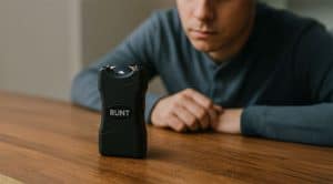 Man observing a black stun gun on a table, focusing on its compact and portable design.
