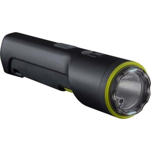 Black tactical flashlight with green accents, featuring a textured grip and power button, perfect for outdoor adventures.