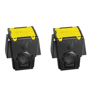 Two black and yellow Taser cartridges side by side, featuring safety icons and labeled Taser in bold text.