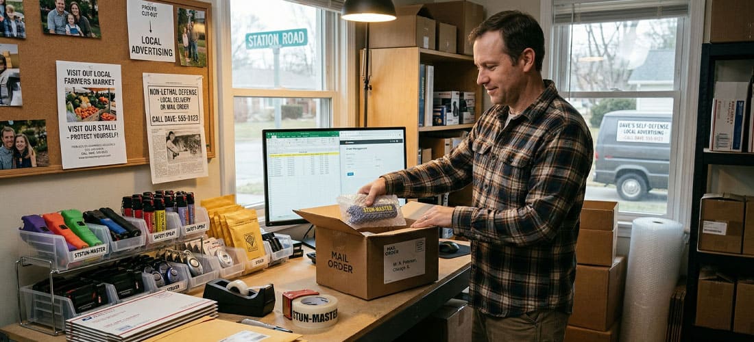 Man packing a mail order box in a home office with shipping supplies and computer, near a window labeled Station Road.