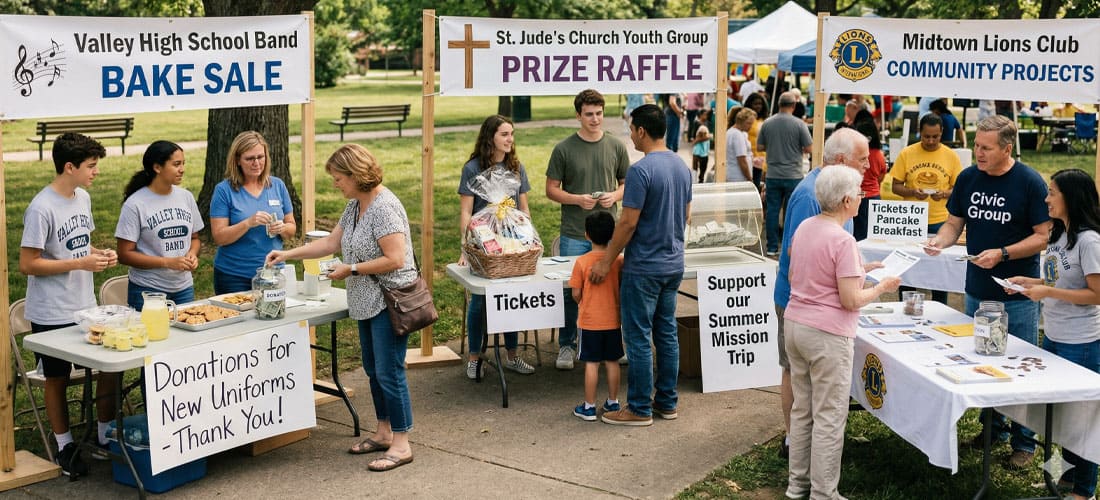 Community fair with Valley High bake sale, church raffle, and Midtown Lions projects tables, engaging with visitors.