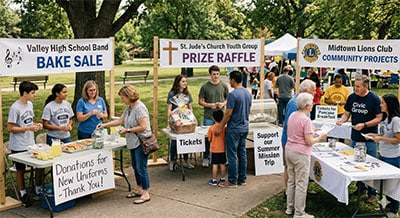 Community event with bake sale, raffle, and charity projects tables, people engaging and donating in a park setting.