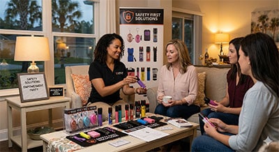 Women discussing personal safety products at an in-home demonstration, featuring sprays, alarms, and safety tools at a home party.