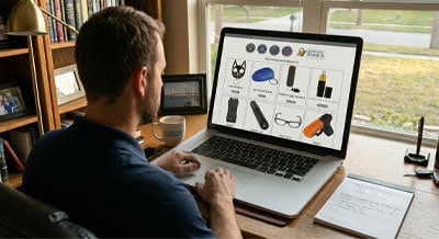 Man shopping online for personal security gadgets on laptop in home office setting.