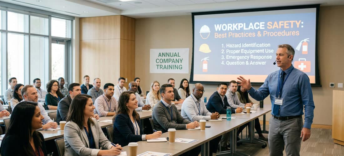 Employees attending workplace safety training session, learning best practices and procedures with a presentation.