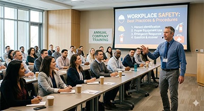 Office meeting on workplace safety best practices during annual company training. Speaker presents to engaged audience.